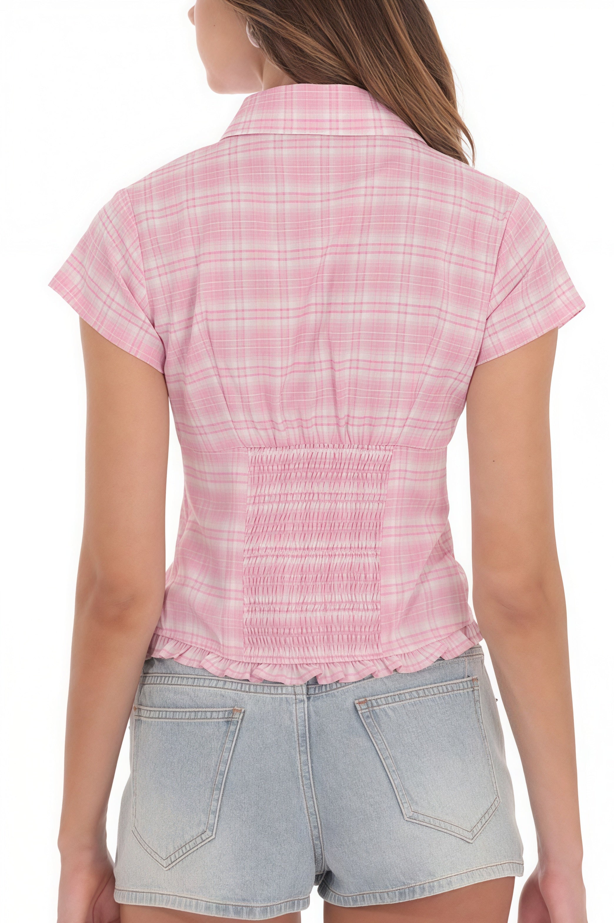Cropped Plaid Polo Neck Button Blouse image 3