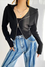 Solid Dual Zipper Slim Cropped Hoodie image 6