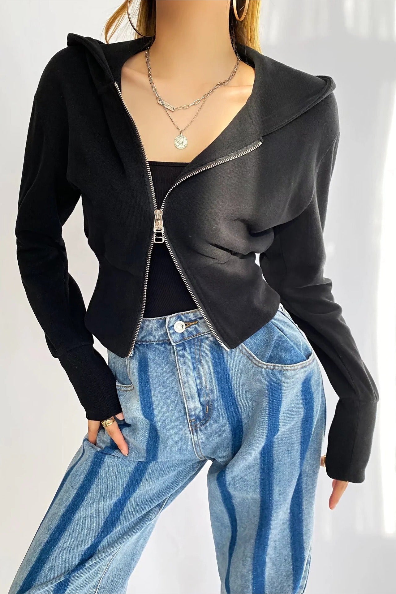 Solid Dual Zipper Slim Cropped Hoodie image 6