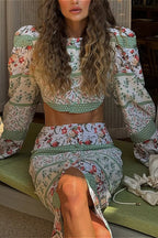 Printed Long Sleeve Crew Neck Cropped Top Split Bodycon Skirt Two Piece Set image 4
