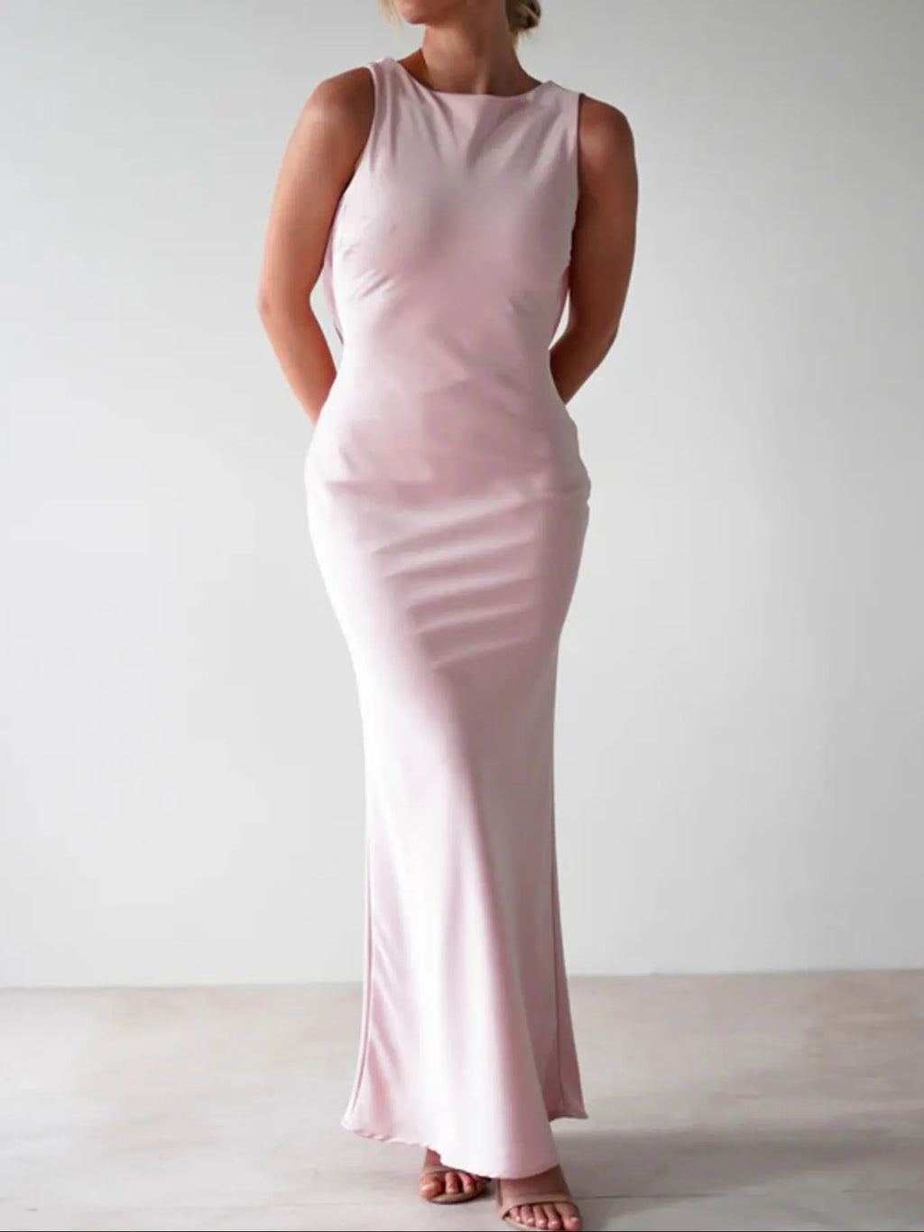 Sylvie Satin Maxi Dress detail view styled for Avrienne