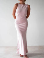 Sylvie Satin Maxi Dress detail view styled for Avrienne