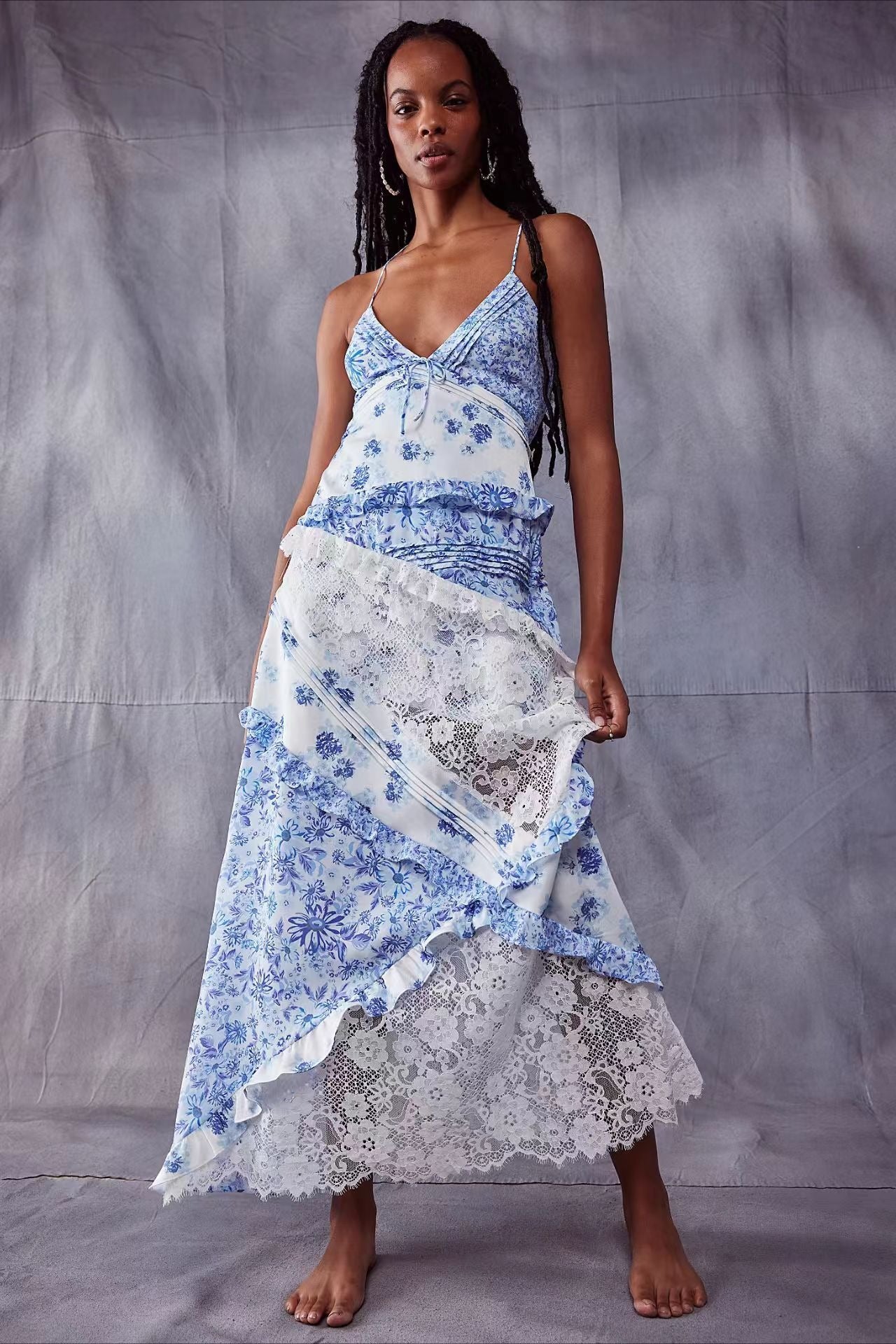 Deep V Ruffle Floral Lace Patchwork Cami Maxi Dress image 4