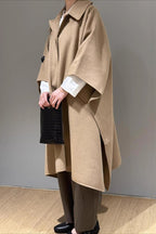 Beige Lapel Double Faced Wool Blend Cape Convertible Overcoat image 2