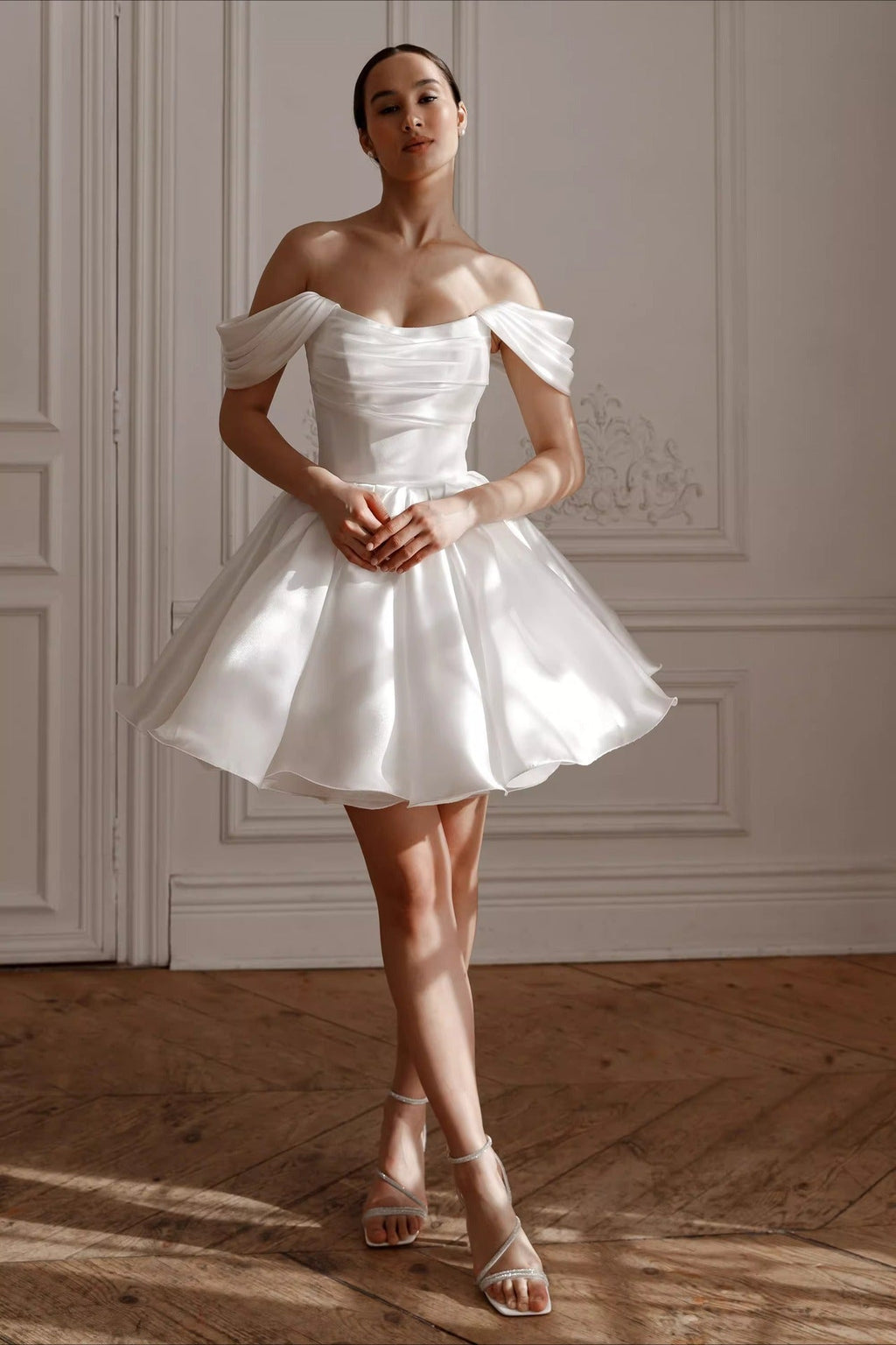 Minimalist Off Shoulder Tie Back Tulle Reception Dress image 2