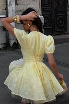 Cotton Yellow Embroidered Tie Waist Mini Dress image 6