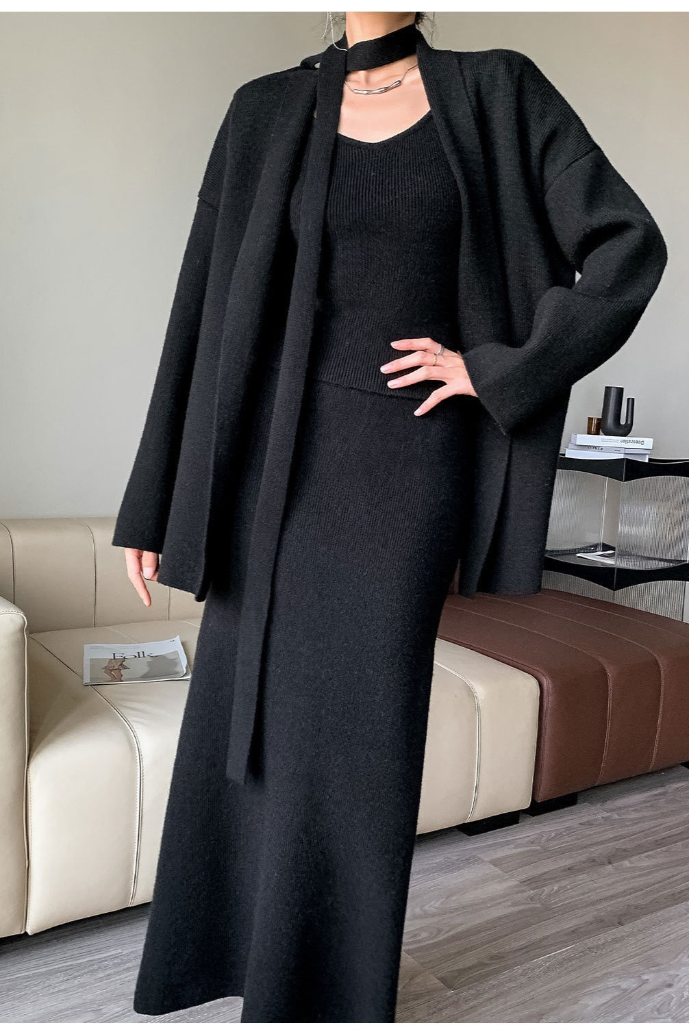 Ribbed High-End Knit Cardigan Tank Wide-Leg Pants Three Piece Set image 11