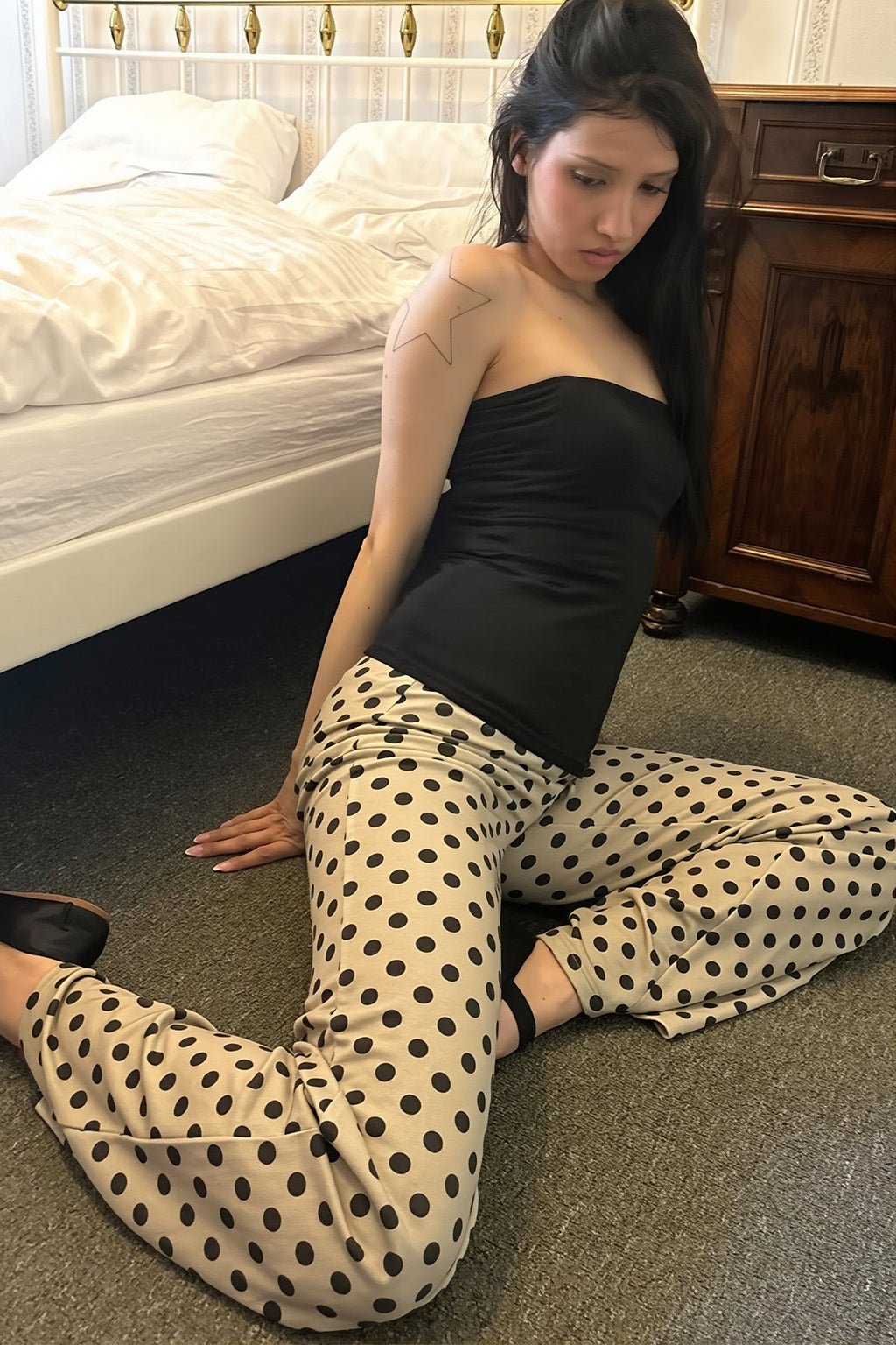 Casual Polka Dot Tie Flared Pants image 4