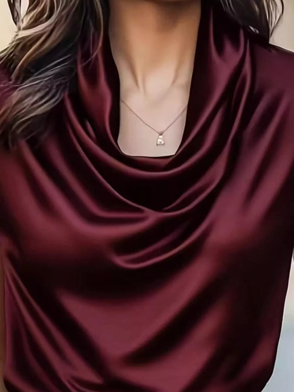 Isadora Satin Blouse detail view styled for Avrienne