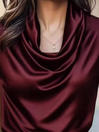 Isadora Satin Blouse detail view styled for Avrienne