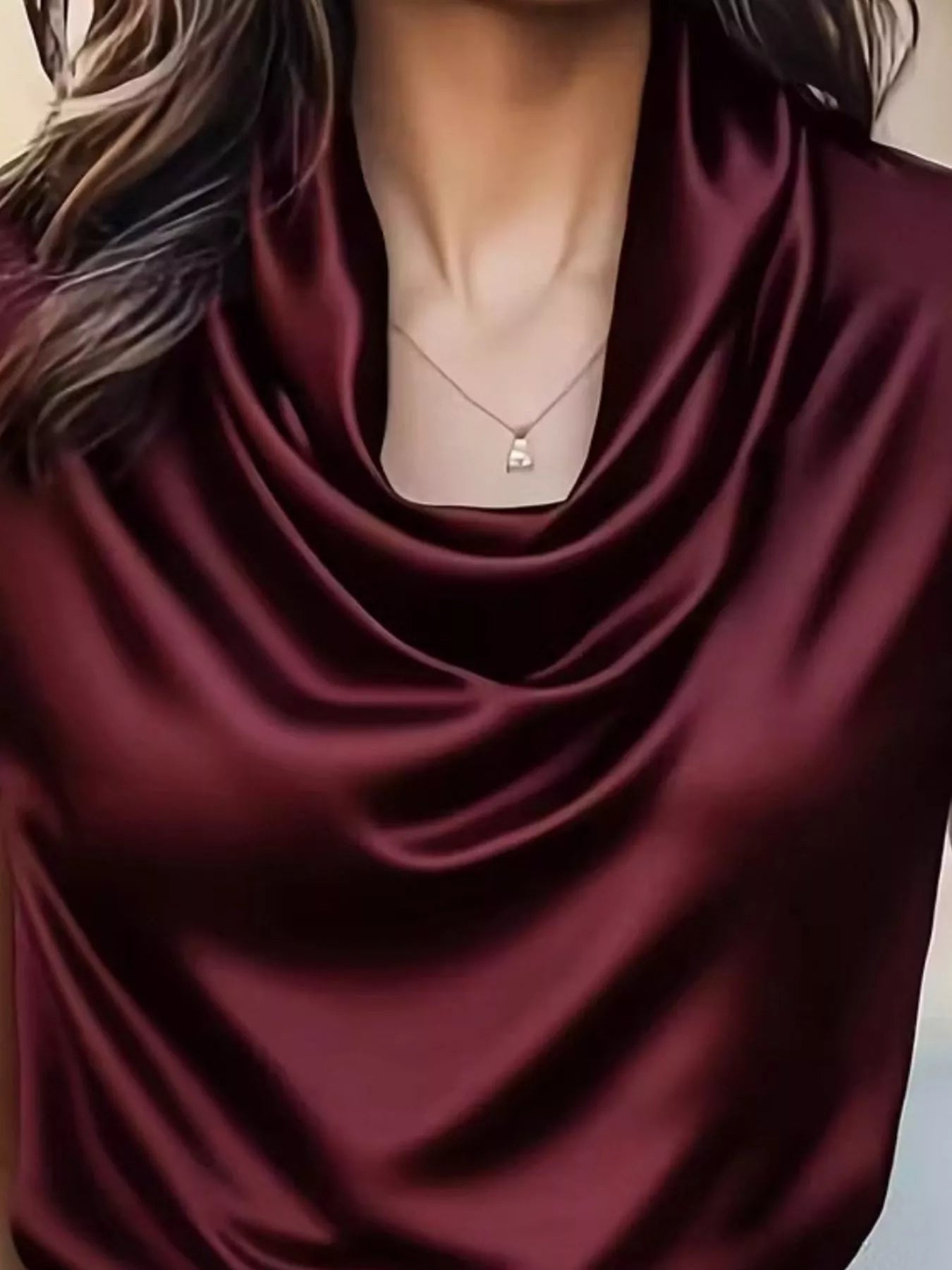 Isadora Satin Blouse detail view styled for Avrienne