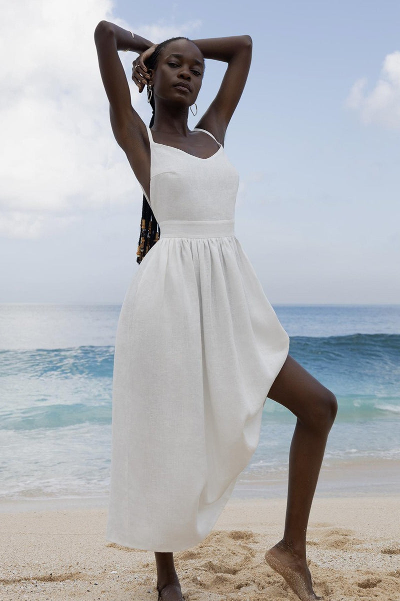 Cotton V Neck Spaghetti Strap Elegant Tie Backless Midi Dress image 8