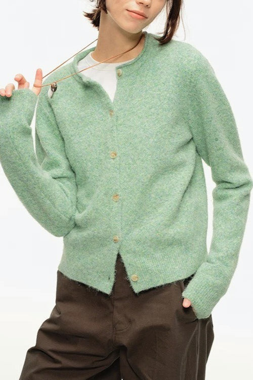 Retro Crew-Neck Green Knit Cardigan image 2