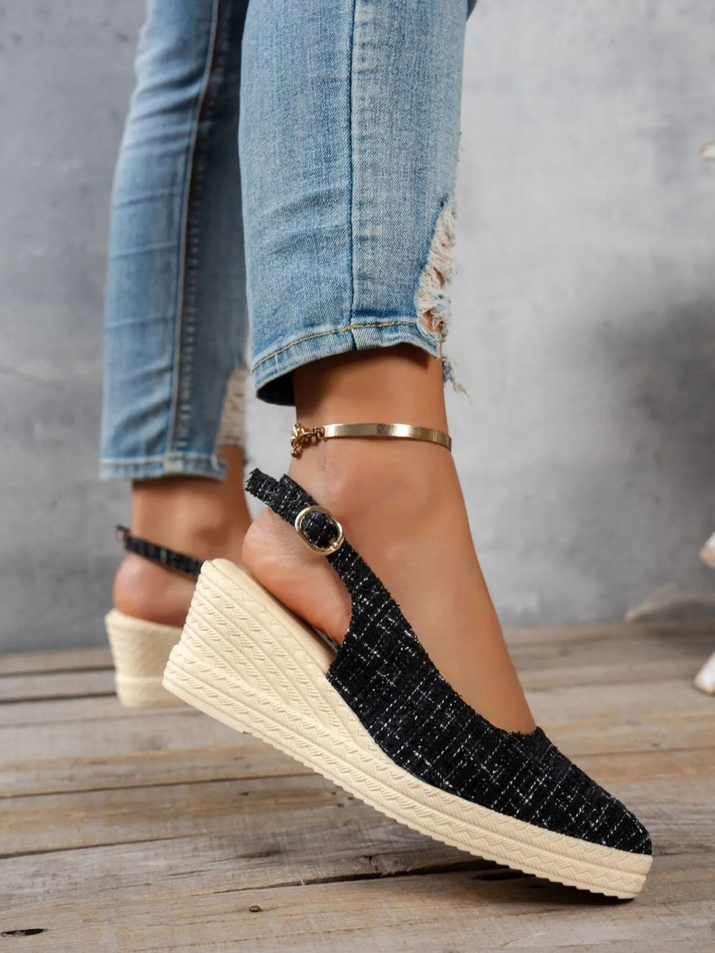Aurelia Wedge Sandals detail view styled for Avrienne