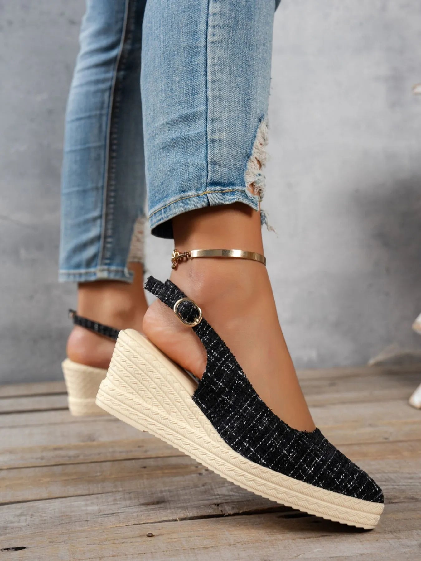 Aurelia Wedge Sandals detail view styled for Avrienne