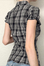 British Plaid Ruffled V Neck Puff Sleeve Blouse image 6