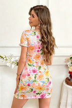 Sexy Square Neck Ruched Floral Bodycon Mini Dress image 3