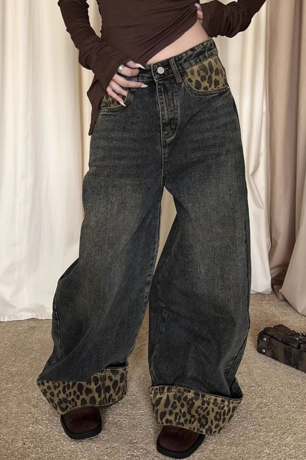 Patchwork Vintage Leopard Cuffed Wide Leg Jeans image 1