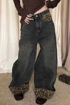 Patchwork Vintage Leopard Cuffed Wide Leg Jeans image 1