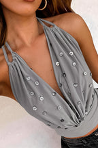 Solid Deep V Button Crop Halter Top image 4