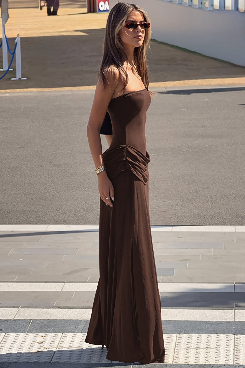 Chic Solid Strapless Ruched Side Slip Maxi Dress image 4