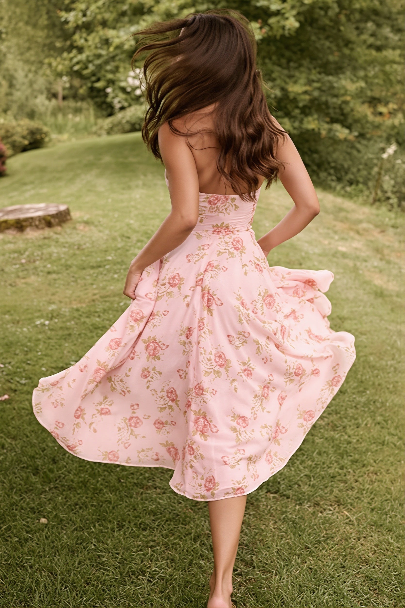 Chic Print Halter Neck V Neck Sheer Mesh Backless Midi Dress image 1