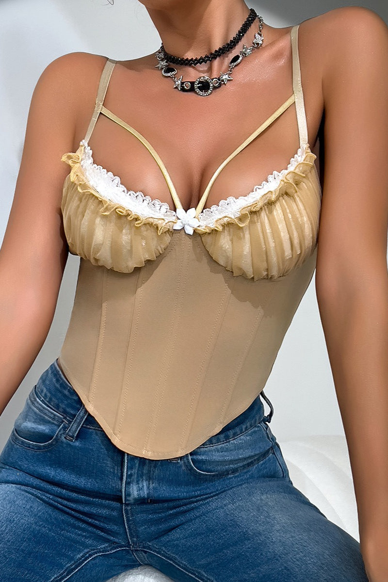 Sheer Mesh Lace Panel Padded Backless Boned Cami Top image 10