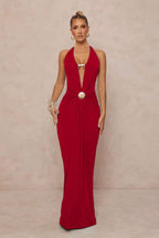 Deep V Halter Ruched Metal Trim Backless Maxi Dress image 17