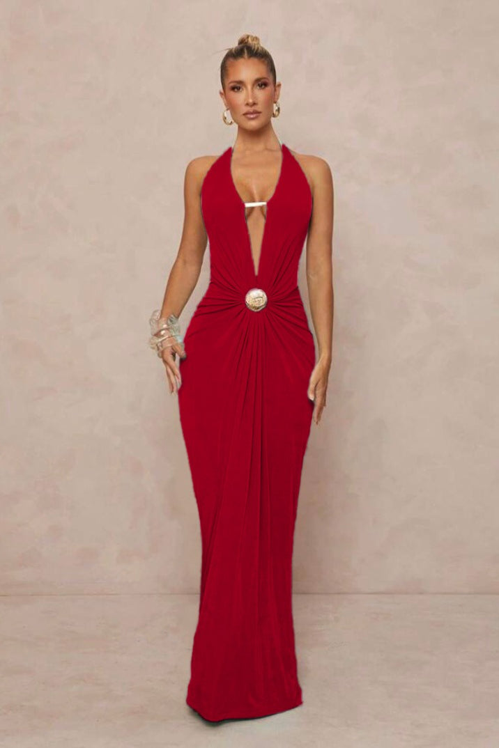 Deep V Halter Ruched Metal Trim Backless Maxi Dress image 17
