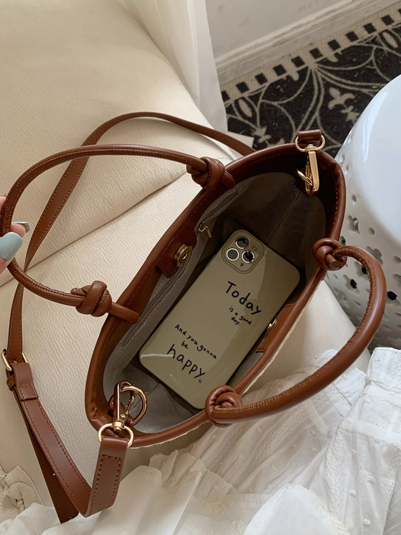 Lumi Straw Crossbody detail view styled for Avrienne