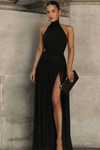 Chic Solid Ruched Halter Backless Side Slit Maxi Dress image 5