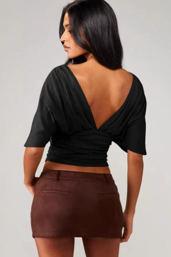 Chic Deep V Neck Knot Front Ruched Crop T-shirt image 3