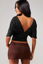 Chic Deep V Neck Knot Front Ruched Crop T-shirt image 3