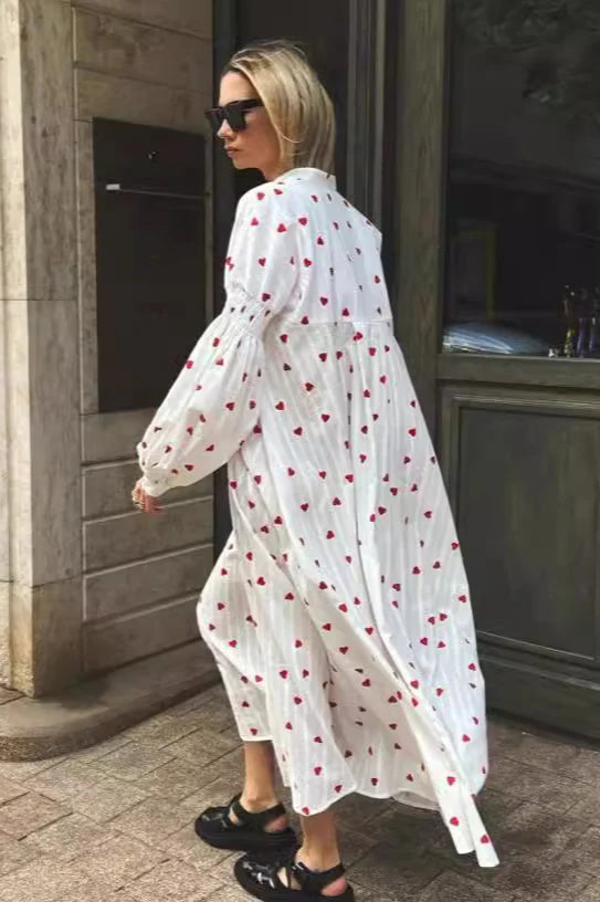 Heart Print Textured Cotton Long Lantern Sleeve Maxi Dress image 4