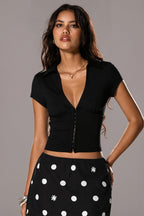 V Neck Button Elastic Slim Crop Blouse image 2