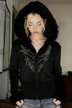 Gothic Rhinestone Fur Paneled Slim Hoodie image 1