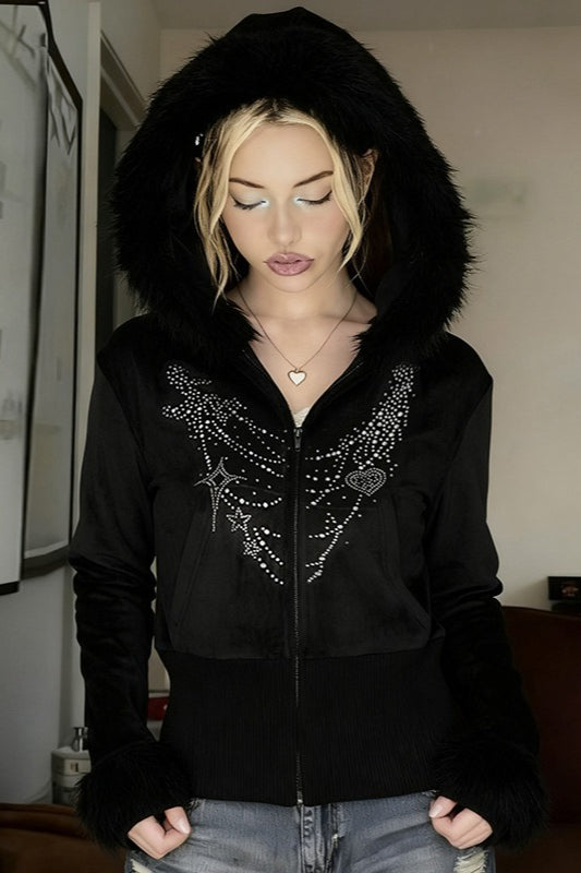 Gothic Rhinestone Fur Paneled Slim Hoodie image 1