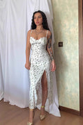 Slim Lace V Neck Split Spaghetti Strap Floral Dress image 1