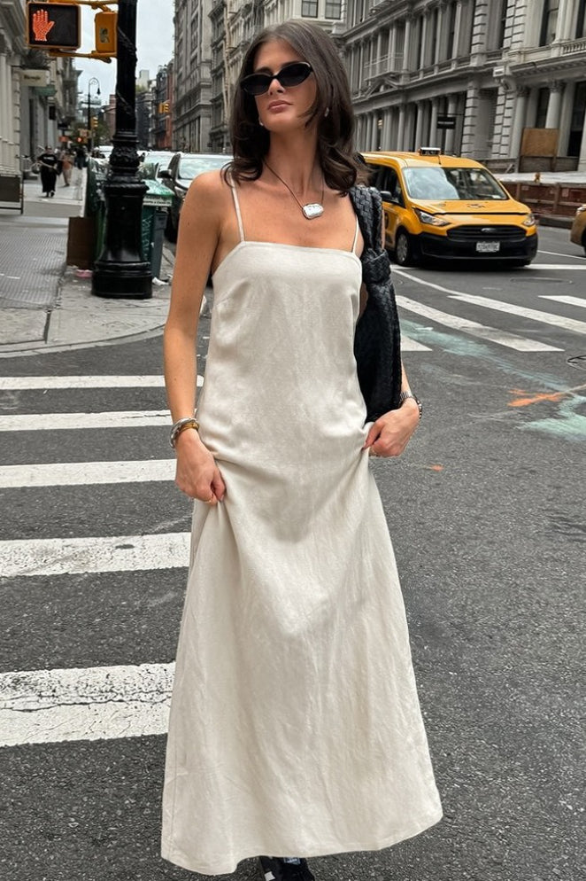Khaki Linen Cotton Cami Loose Office Maxi Dress image 1