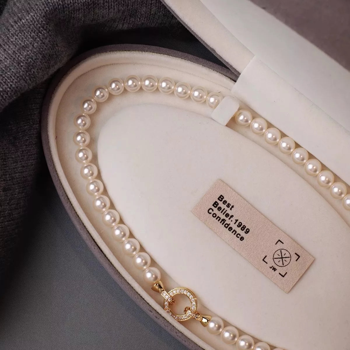 Elisa Pearl Necklace detail view styled for Avrienne
