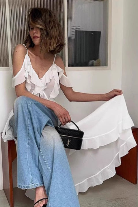 Tie V Neck A Line Ruffle Chiffon Cami Top image 5