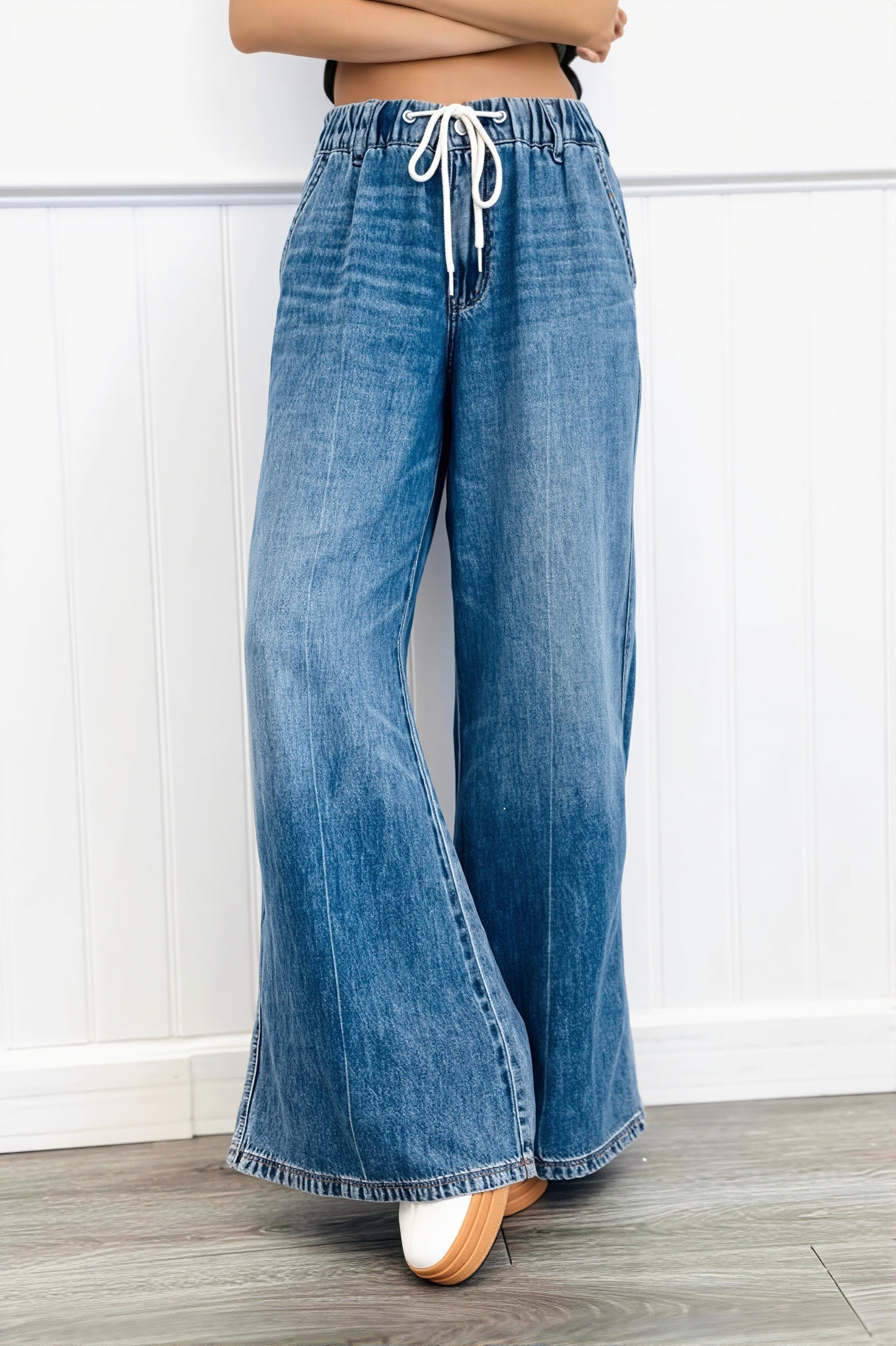 Chic Retro Washed Elastic Drawstring Straight Jeans image 1
