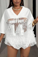 Number Print Loose Street Sheer Lace T-shirt image 2