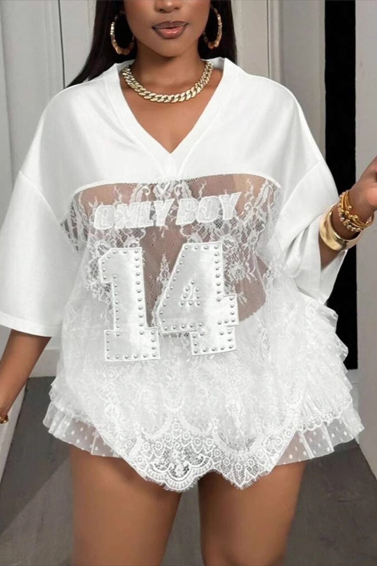 Number Print Loose Street Sheer Lace T-shirt image 2