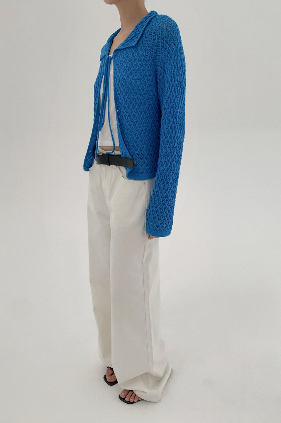 Hollow-Out Collared Tie-Waist Long-Sleeve Short Knit Cardigan image 13