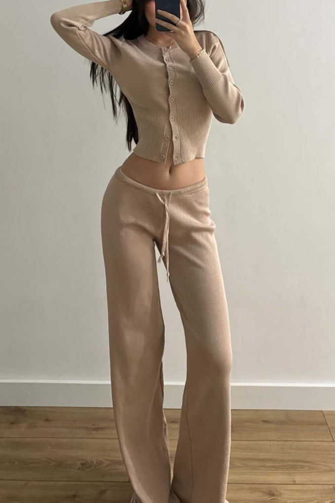 Sexy Fitted Buttoned Long-Sleeve Low-Rise Knit Two Piece Set image 5
