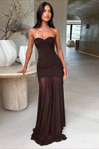 Mesh Patchwork Strapless Shirred Backless Bodycon Maxi Dress image 11