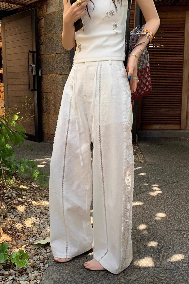 Linen Lace Splicing Straight Pants image 1