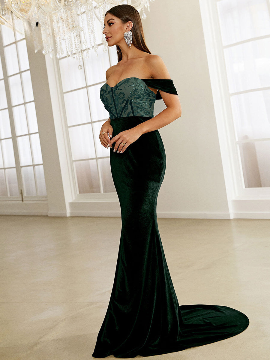 Green Velvet Evening Dress Elegant Off Shoulder Sequin Bodycon Maxi Party Dress image 3