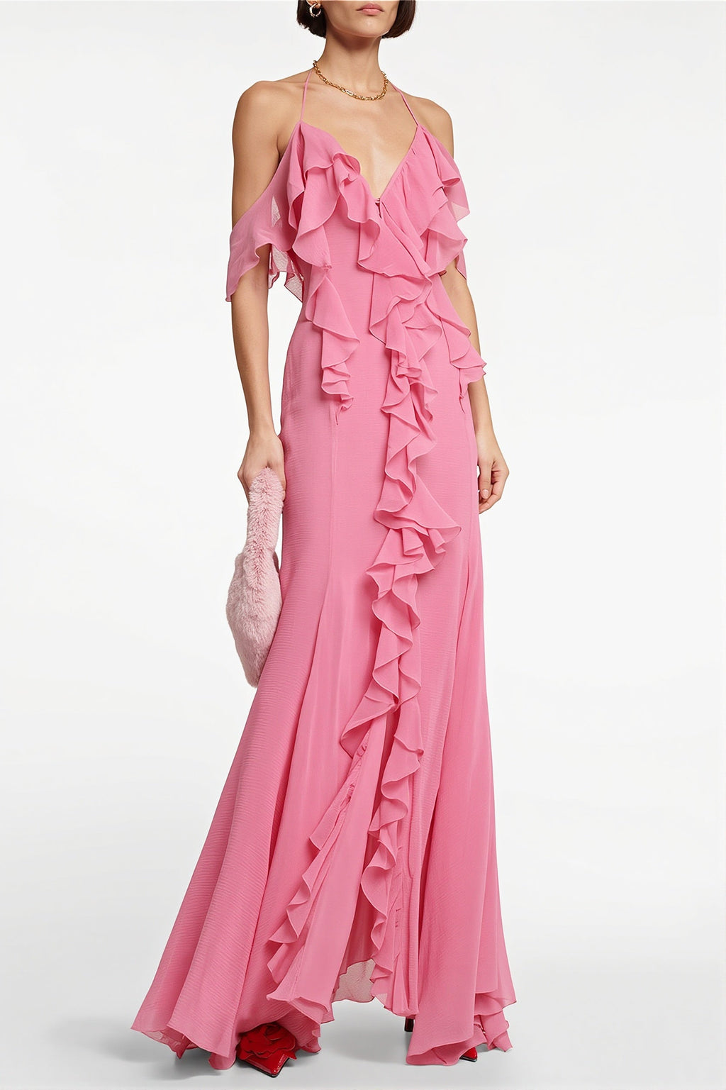 Deep V Halter Pink Ruffle Maxi Dress image 1